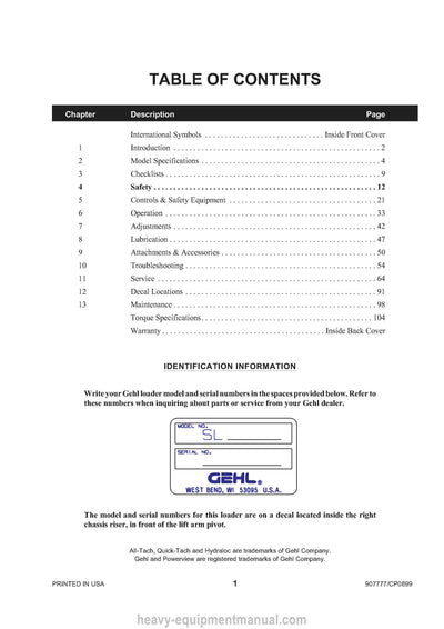 Gehl SL3725 SL3825 SL4625 Skid-Steer Loader (907777C) Operator Manual PDF