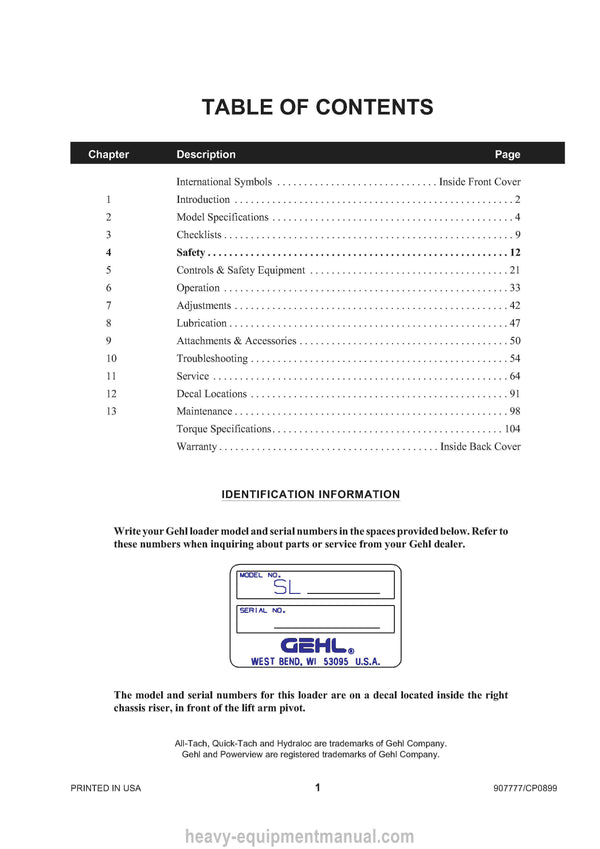 Gehl SL3725 SL3825 SL4625 Skid-Steer Loader (907777C) Operator Manual PDF