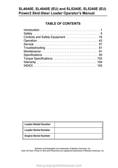 Gehl SL4640E SL5240E Power 2 Skid-Steer Loader Operator Manual 50950012A