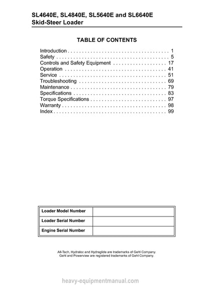 Gehl SL4640E SL4840E 5640E 6640E Skid Steer Loader (917208C) Operator Manual 