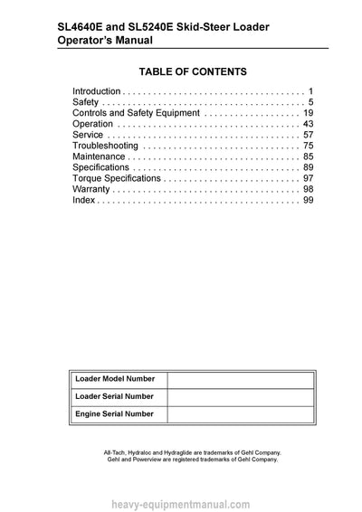 Gehl SL4640E SL5240E Skid-Steer Loader (917314D) Operator Manual PDF Download
