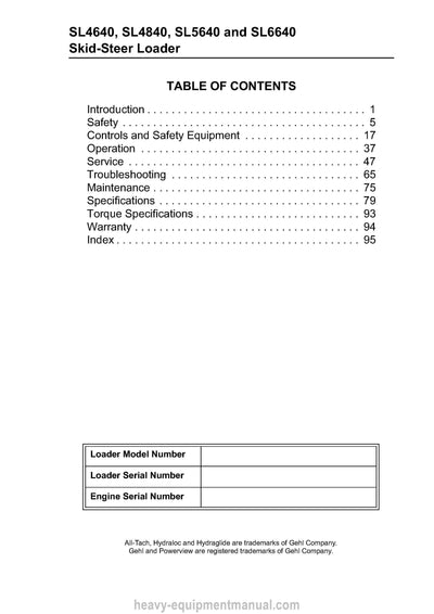 Gehl SL4640 SL4840 SL5640 SL6640 Skid Steer Loader Operator Manual (917001C)