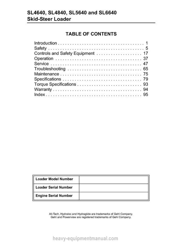 Gehl SL4640 SL4840 SL5640 SL6640 Skid Steer Loader Operator Manual (917001C)