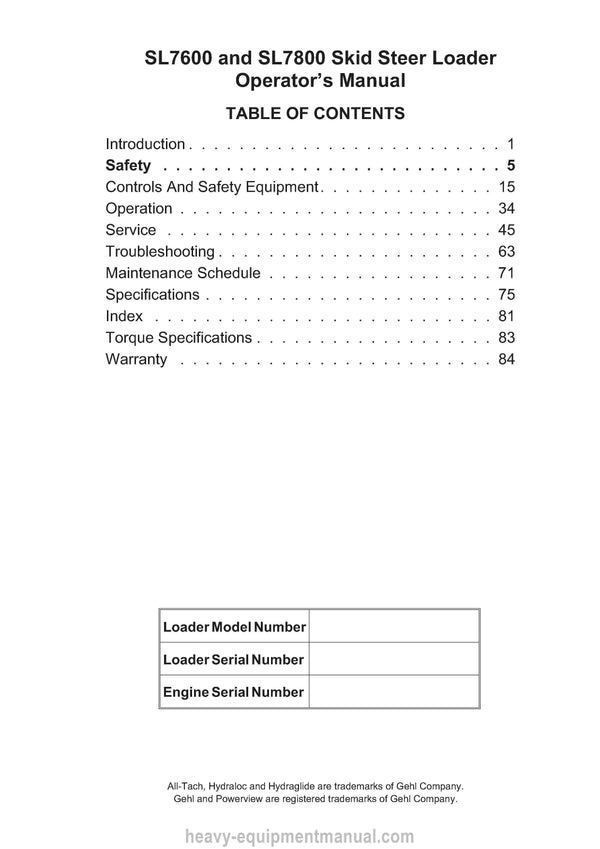 Gehl SL7600 SL7800 Skid Steer Loader (908274B) Operator Manual PDF