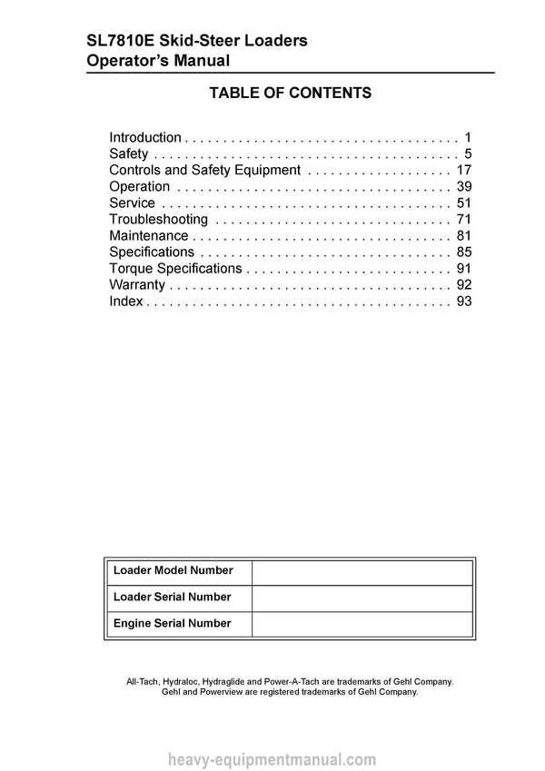 Gehl SL7810E Skid-Steer Loader Operator Manual 917245E PDF