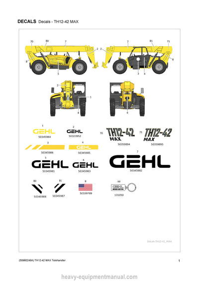 Gehl TH12-42 MAX Telescopic Handler (50960248A) Parts Manual PDF Download