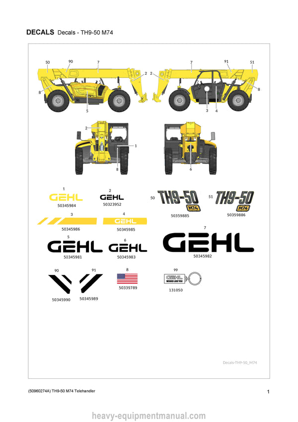 Gehl TH9-50 M74 Telescopic Handler (50960274A) Parts Manual PDF Download