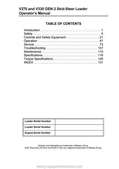 Gehl V270 V330 GEN2 Skid Steer Loader (50950150K) Operator Manual PDF