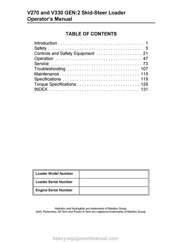 Gehl V270 V330 GEN2 Skid Steer Loader (50950150K) Operator Manual PDF