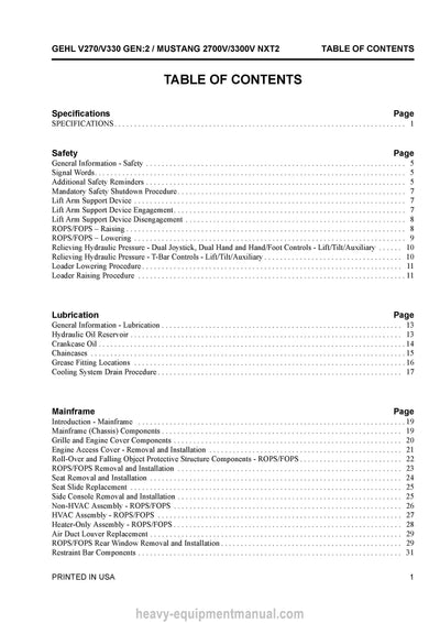 Gehl V270 Gen2 V330 Gen2 2700V NXT2 3300V NXT2 Skid Steer Loader Service Manual 50950192-D 2020