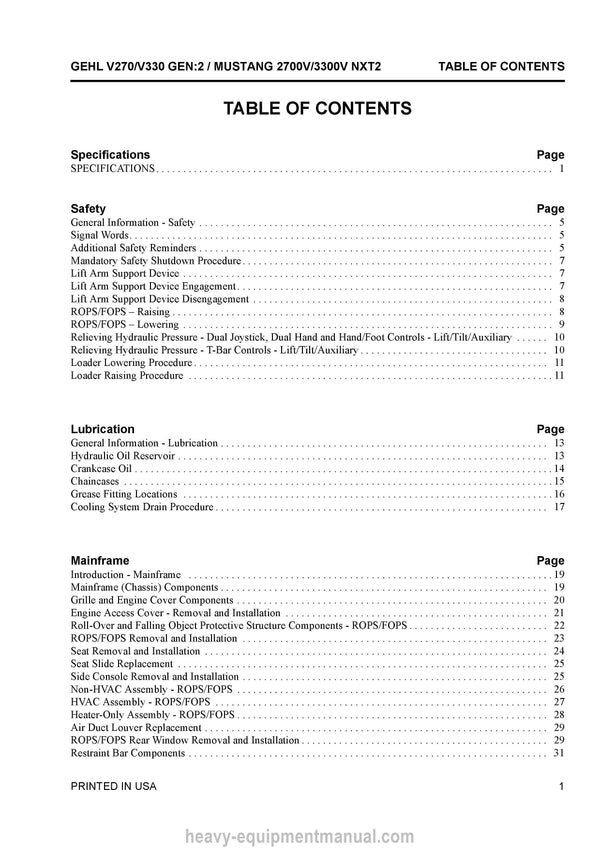 Gehl V270 Gen2 V330 Gen2 2700V NXT2 3300V NXT2 Skid Steer Loader Service Manual 50950192-D 2020