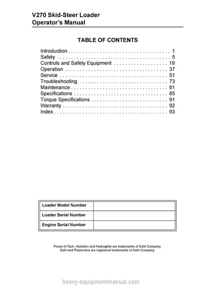Gehl V270 Skid Steer Loader Operator Manual 917387B PDF Download