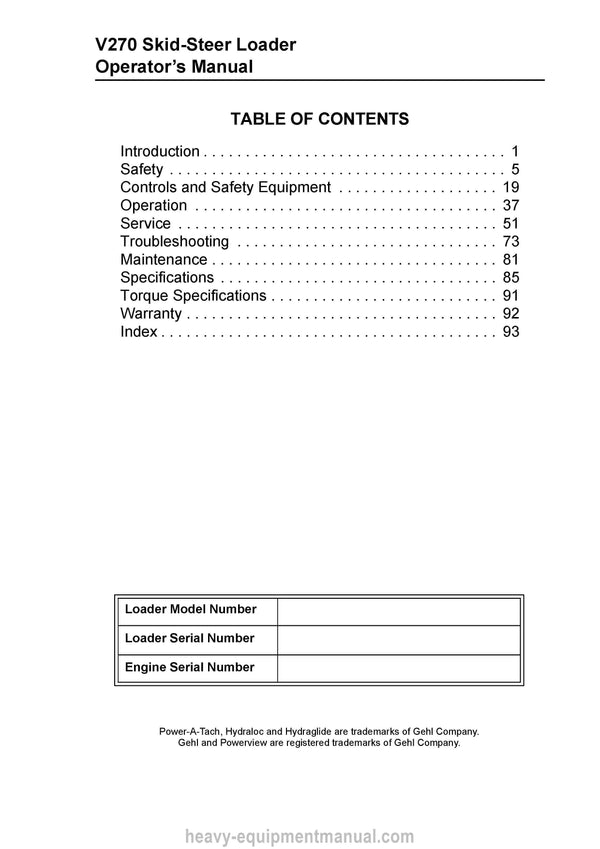 Gehl V270 Skid Steer Loader Operator Manual 917387B PDF Download