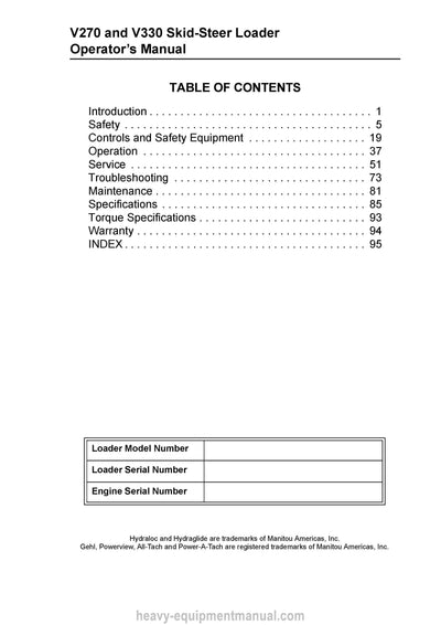 Gehl V270 V330 Skid-Steer Loader (50950000) Operator Manual PDF