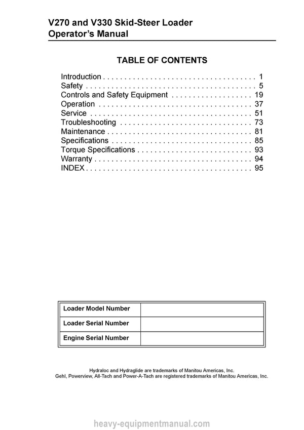 Gehl V270 V330 Skid-Steer Loader (50950000) Operator Manual PDF