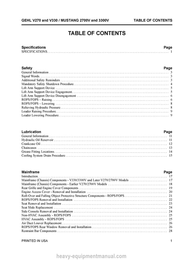 Gehl V270 V330 Mustang 2700V 3300V Skid Steer Loader Service Repair Manual 917435B