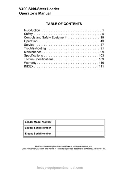 Gehl V400 Skid-Steer Loader (50950004C) Operator Manual PDF Download