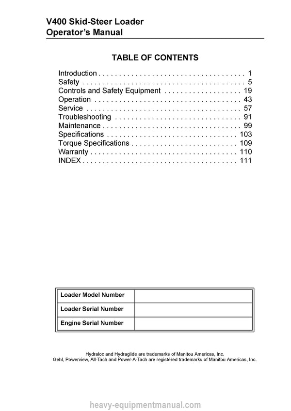 Gehl V400 Skid-Steer Loader (50950004C) Operator Manual PDF Download