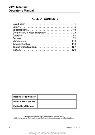 Gehl V4200 V420 Skid-Steer Loader (50950233G) Operator Manual PDF Download