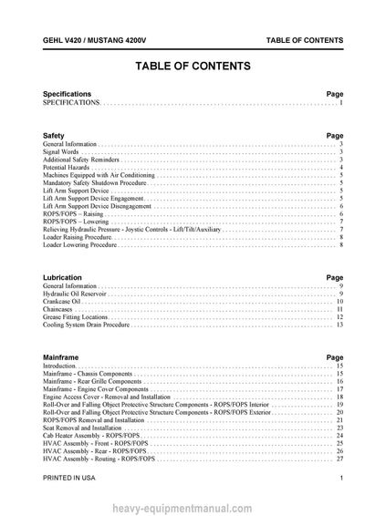 Gehl V420 Mustang 4200V Skid Steer Loader Service Repair Manual 50950421-A