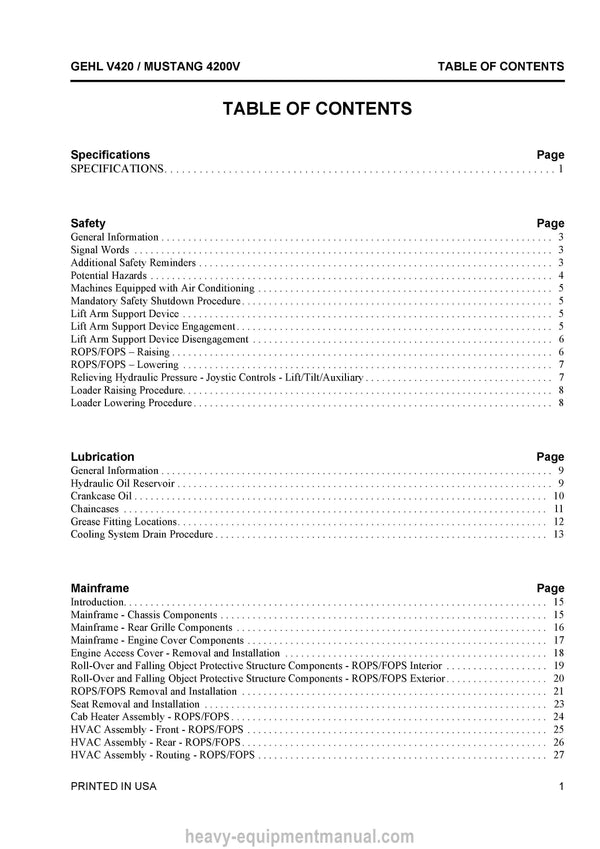 Gehl V420 Mustang 4200V Skid Steer Loader Service Repair Manual 50950421-A