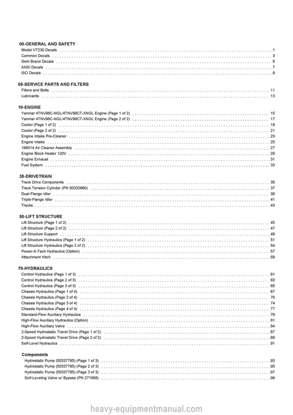 Gehl VT230 Track Loader (50950590A) Parts Manual PDF Download