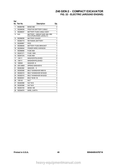 Gehl Z45 GEN2 Compact Excavator SN 00701 and Up Parts Manual 50940409 2016