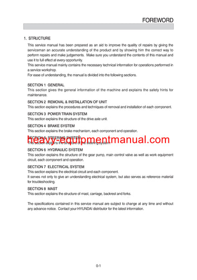 Hyundai 10/13/15/18/20/25/30BR-9 Forklift Service Manual