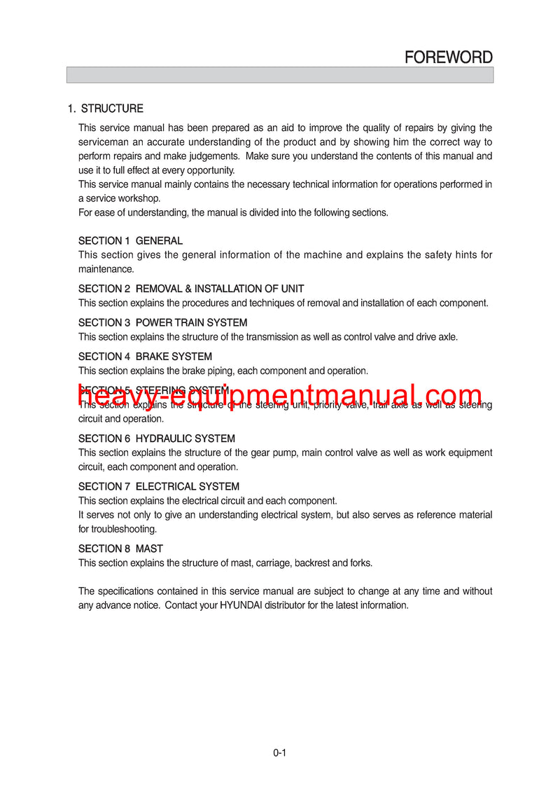 Hyundai 110 130 160DF-7 Forklift Truck Workshop Service Repair Manual