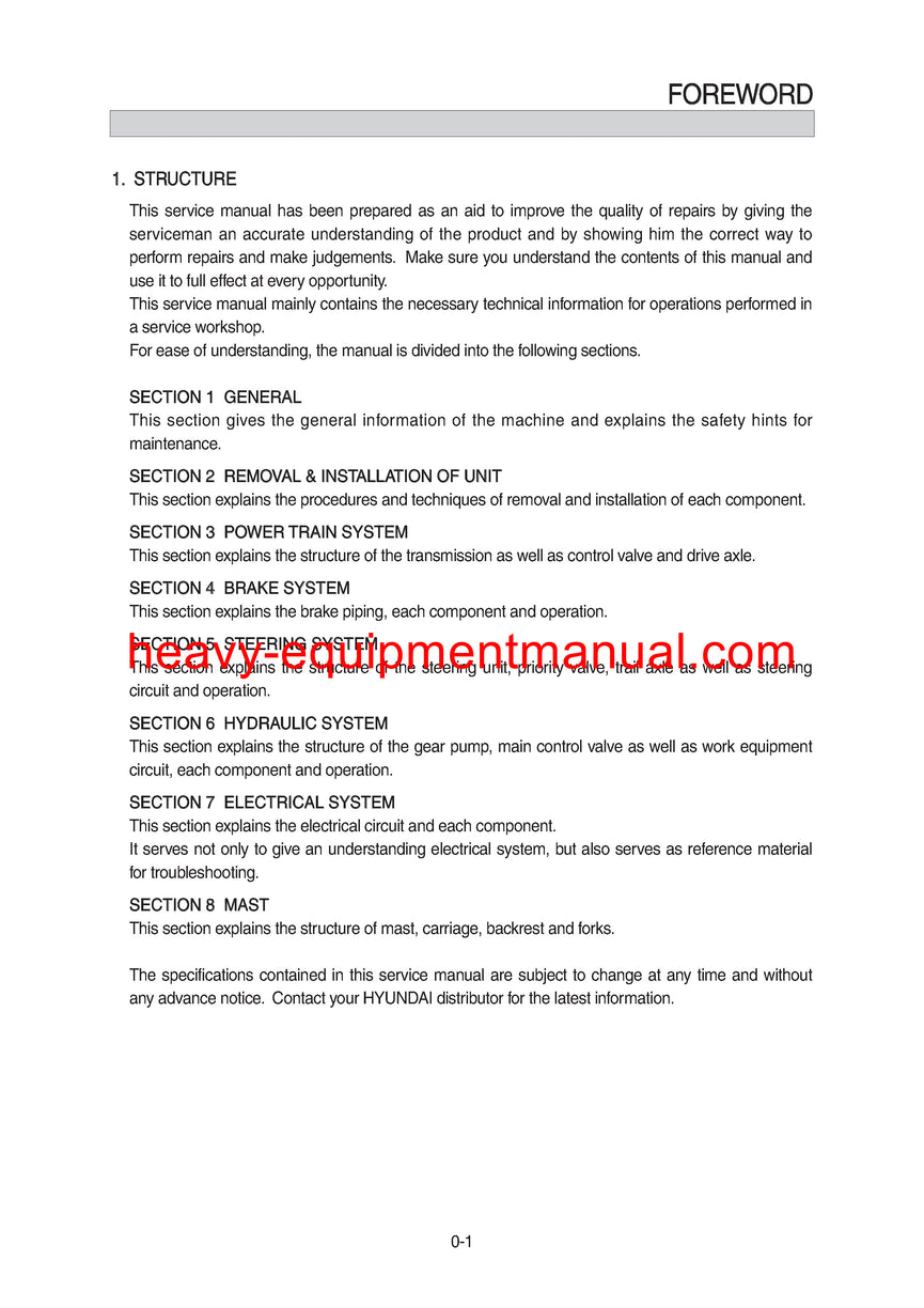 Hyundai 15/18/20BT-9U Forklift Service Manual