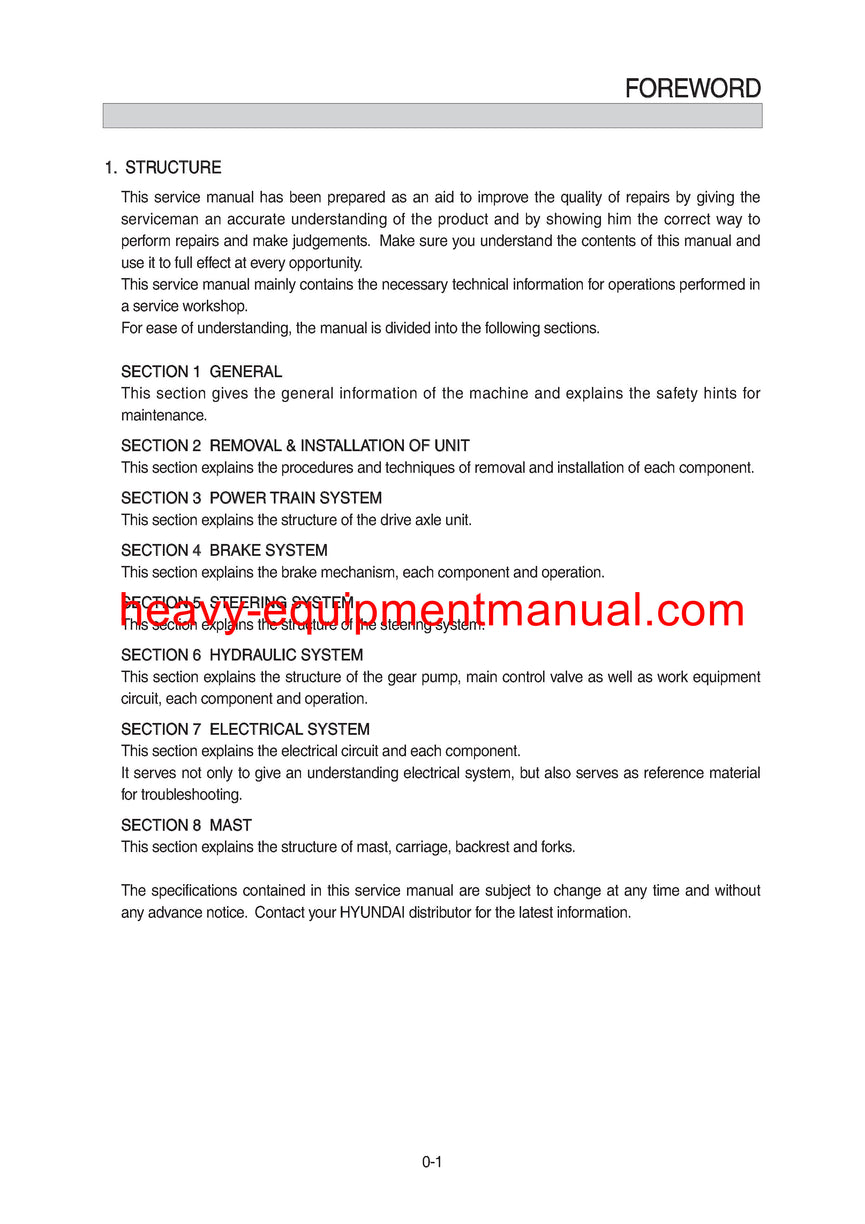 Hyundai 15/18/20/23BRP-9 Forklift Service Manual