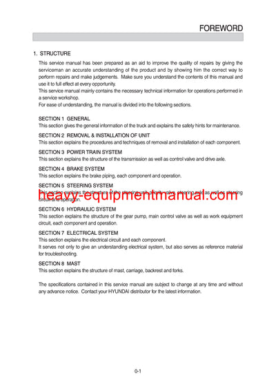 Hyundai 35 40 45D-9F,50DA-9F Forklift Truck Workshop Service Repair Manual