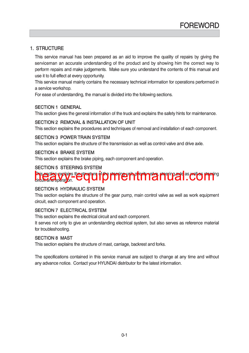 Hyundai 35 40 45D-9F,50DA-9F Forklift Truck Workshop Service Repair Manual