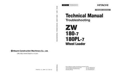 Hitachi ZW180-7 ZW180PL-7 Wheel Loader Service Manual Download