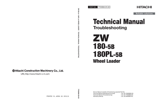 Hitachi ZW180-5B ZW180PL-5B Wheel Loader Service Manual Download