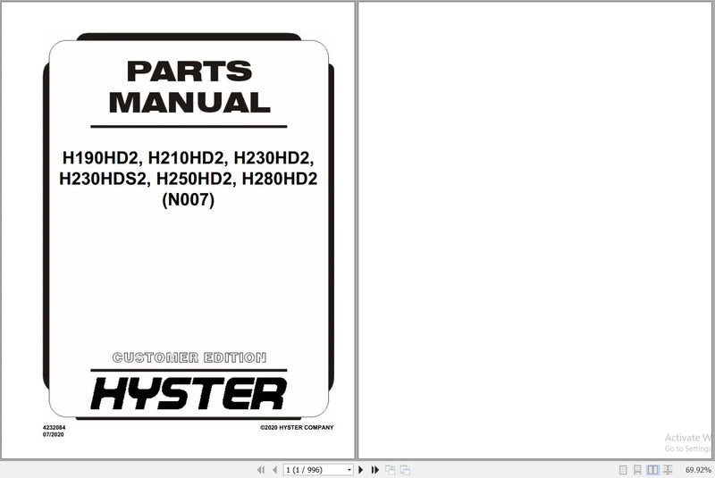Hyster H190HD2, H210HD2, H230HD2, H230HDS2, H250HD2, H280HD2 (N007) Forklift Parts Manual