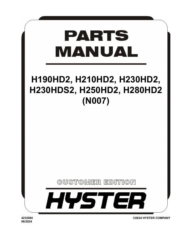 Hyster H190HD2, H210HD2, H230HD2, H230HDS2, H250HD2, H280HD2 (N007) Parts Manual PDF (2024)