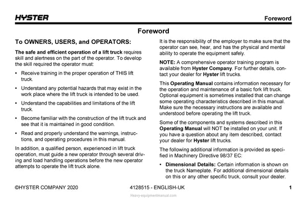 Hyster H4.0FT5/FT6, H4.5FTS5, H4.5FT6, H5.05.5FT Forklift Operator Manual