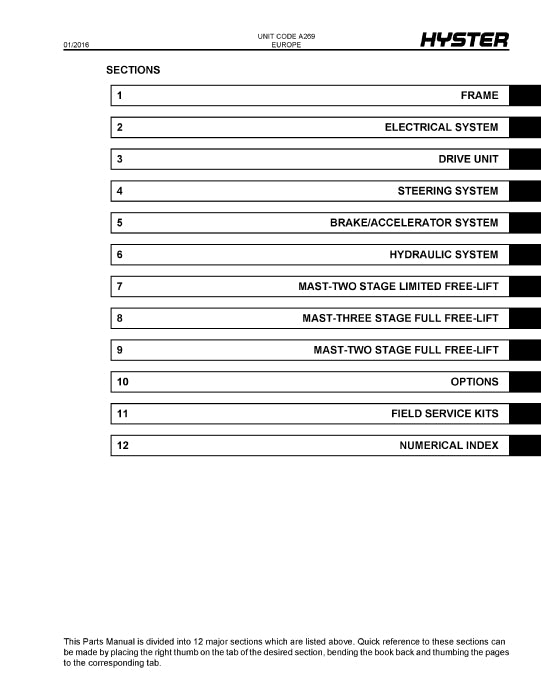 Hyster E1.6XN-2.0XN Europe (A269E) Forklift Parts Manual PDF