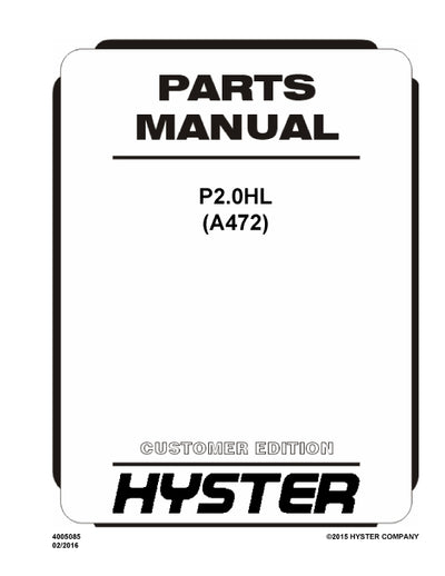 Hyster P2.0HL (A472) Forklift Parts Manual PDF