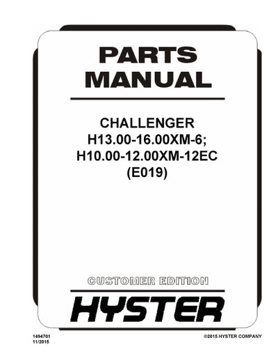 Hyster&nbsp;H13.00-16.00XM-6; H10.00-12.00XM-12EC (E019E) Europe Forklift Parts Manual PDF Download