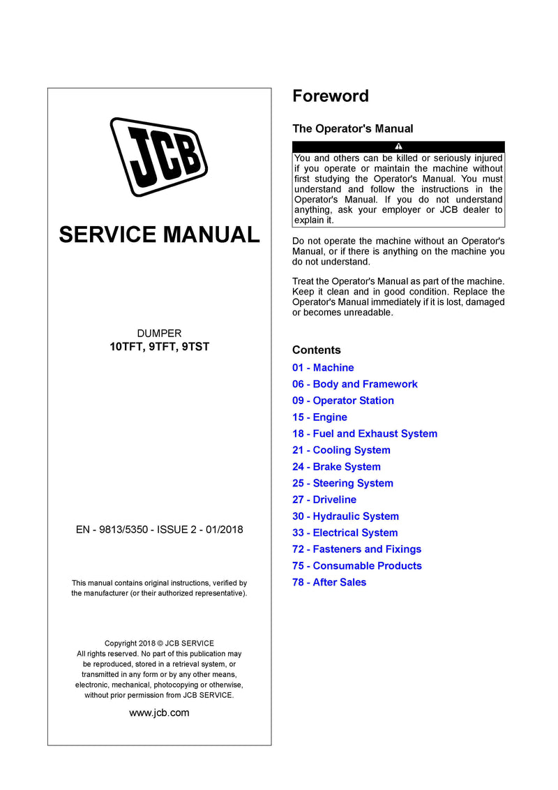 JCB 10TFT, 9TFT, 9TST Dumper Service Repair Manual - PDF Download