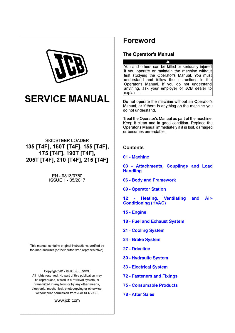 JCB 135, 150T, 155, 175, 190T, 205T, 210, 215 [T4F] Skid Steer Loader Service Repair Manual