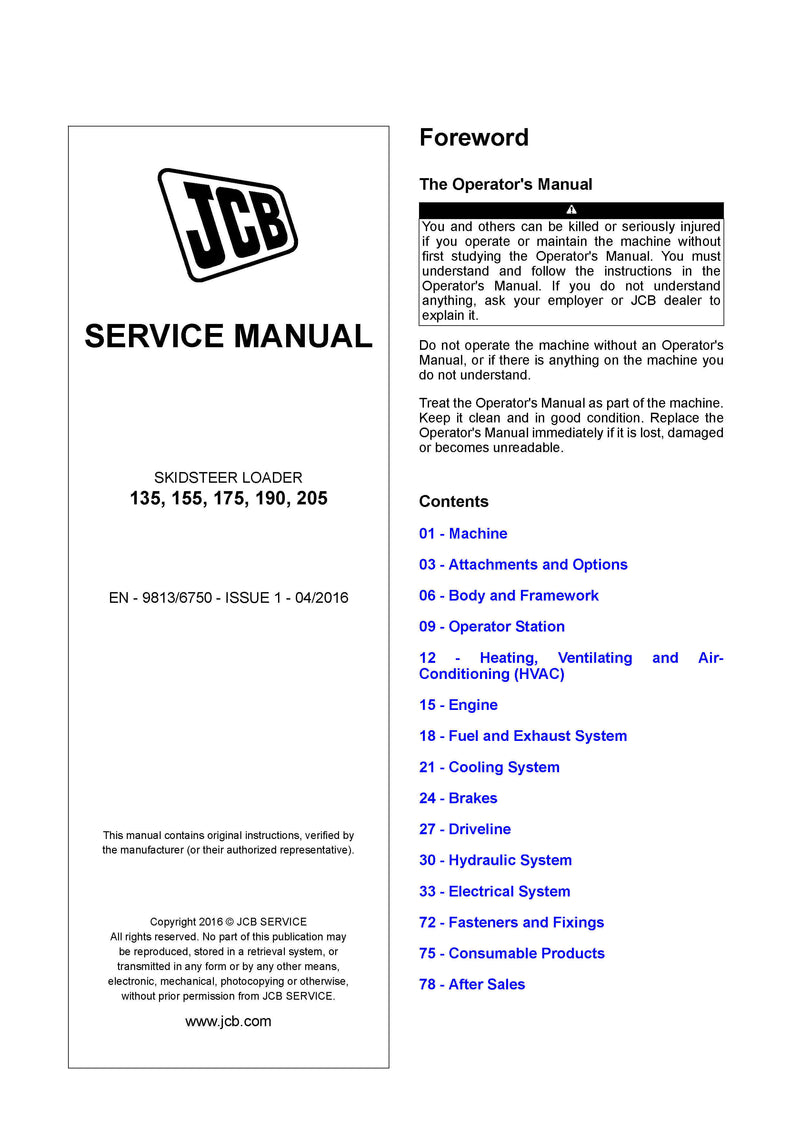 JCB 135, 155, 175, 190, 205 Skid-Steer Loader Service Repair Manual - PDF Download