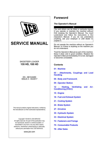 JCB 135 HD, 155 HD Skid Steer Loader Service Repair Manual (SN 2431601 and up)