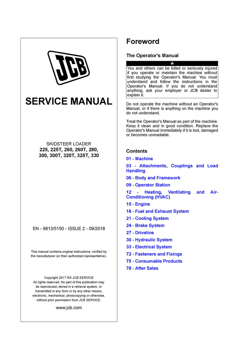 JCB 225T, 250, 250T, 260, 260T, 270, 270T, 280, 300, 300T, 320T, 325T, 330 Skid Steer Loader Service Repair Manual