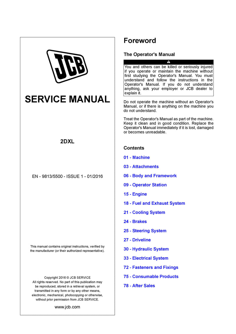 JCB 2DXL Super Loader Service Repair Manual - PDF Download