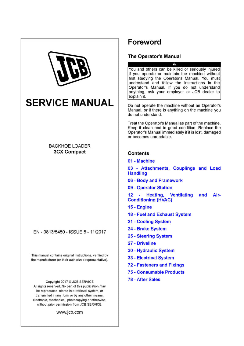 JCB 3CX Compact Backhoe Loader Service Repair Manual - PDF Download