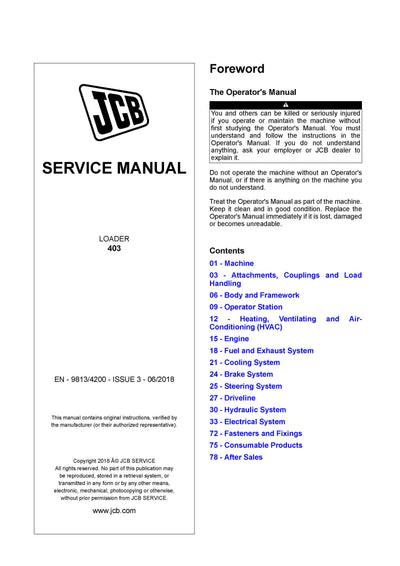 JCB 403 Wheel Loader Service Repair Manual (SN: 2394946 and up)