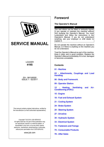 JCB 419S Wheel Loader Service Repair Manual - PDF Download